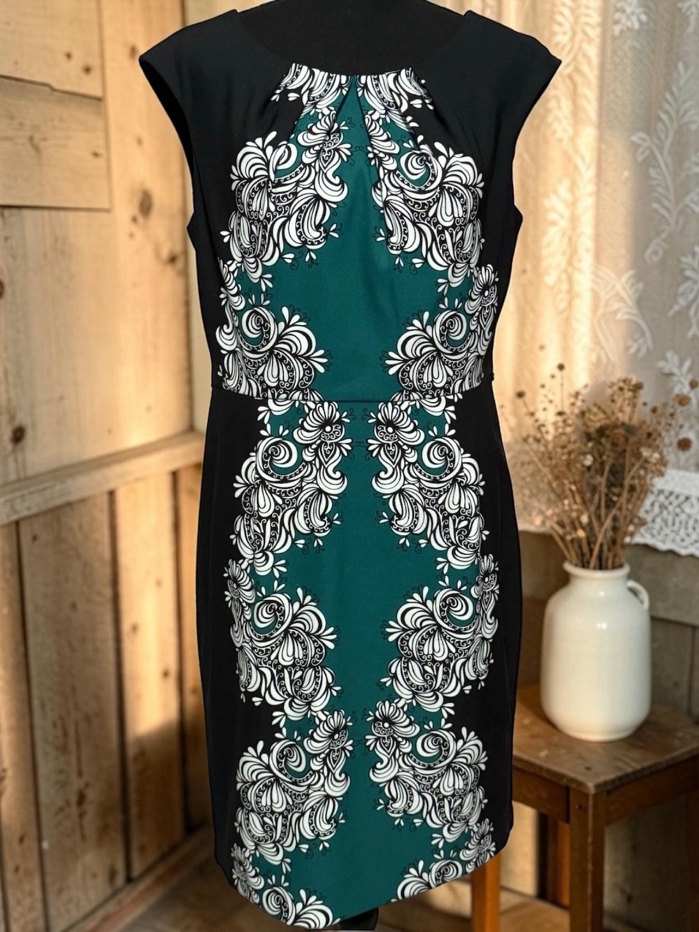 London Times Black and Teal Floral-Print Sheath Dress